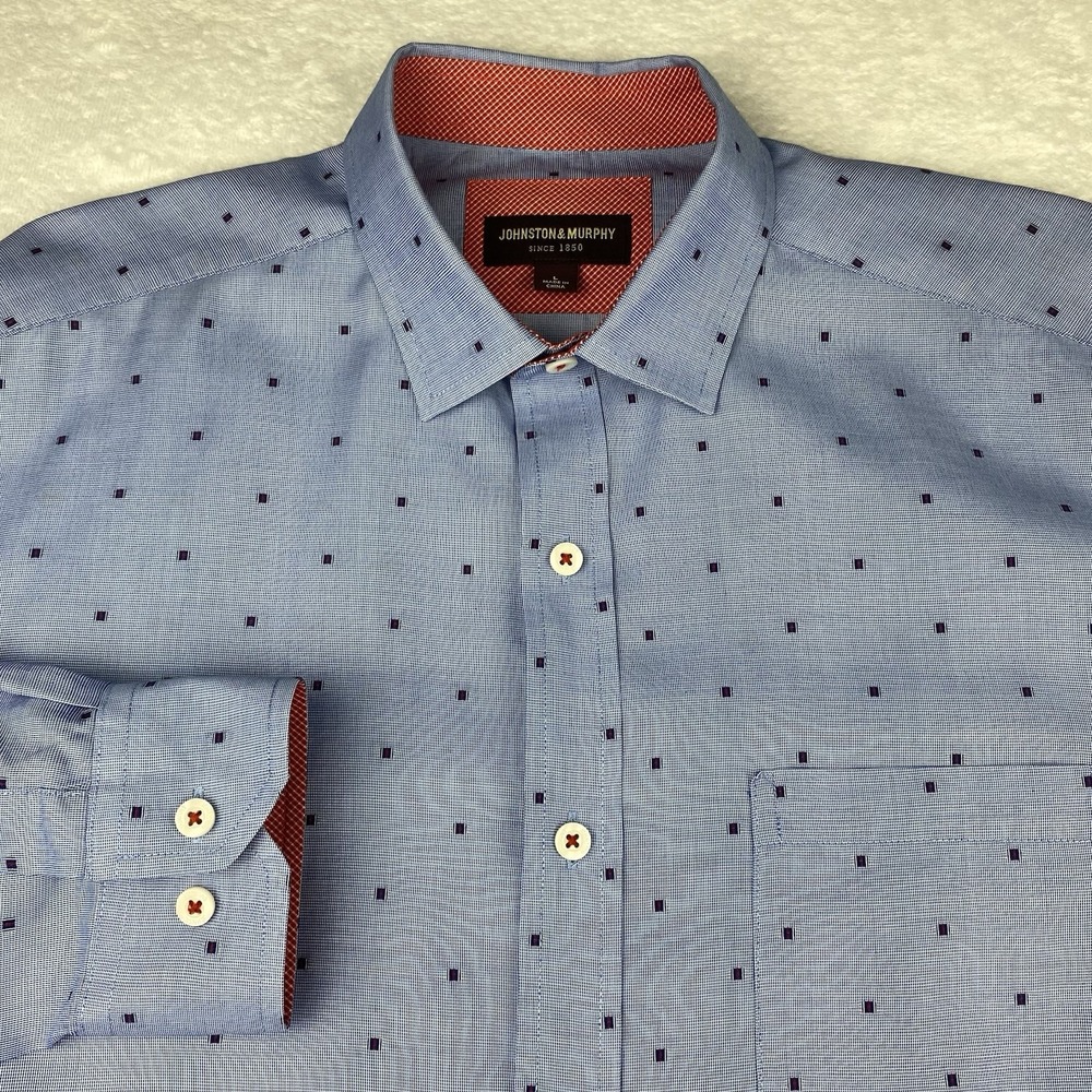 Johnston & Murphy Shirt Mens Large Blue w/Red-Blue Squares Contrasting Trim